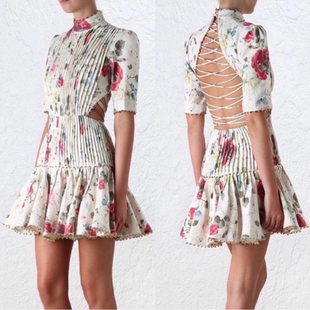 Zimmermann Mischief Cream Floral Pintuck Mini Dress w/Pink Roses Corset Back - Picture 3 of 12